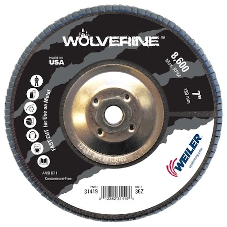 Weiler 7" Abrasive Flap Disc, Flat (TY27), Phenolic Backing, 36Z, 5/8"-11 UNC 31419